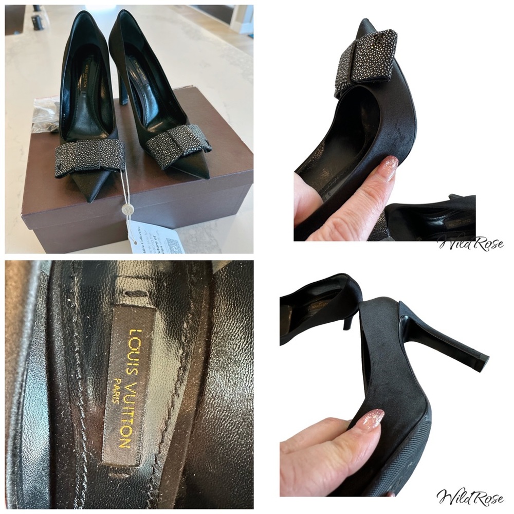 LOUIS VUITTON LIPSTICK PUMPS BLACK SATIN & PEBBLED SILVER LEATHER BOW PUMP 36.5 - Picture 16 of 17